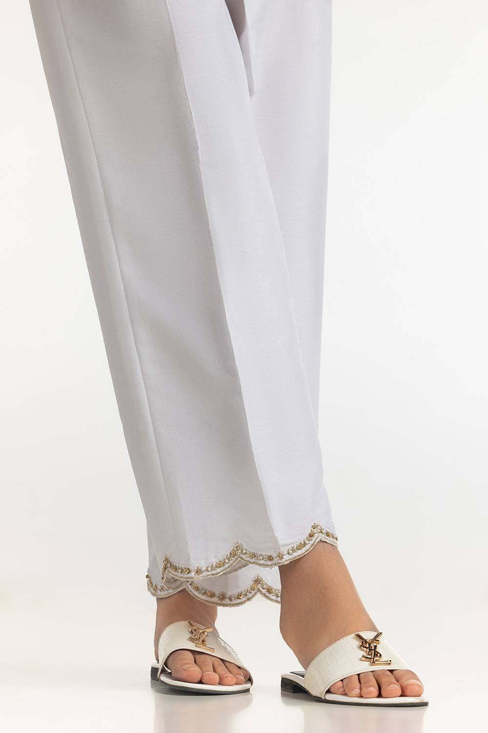 White Rawsilk Embroidered Trouser - W-AP-24-414150