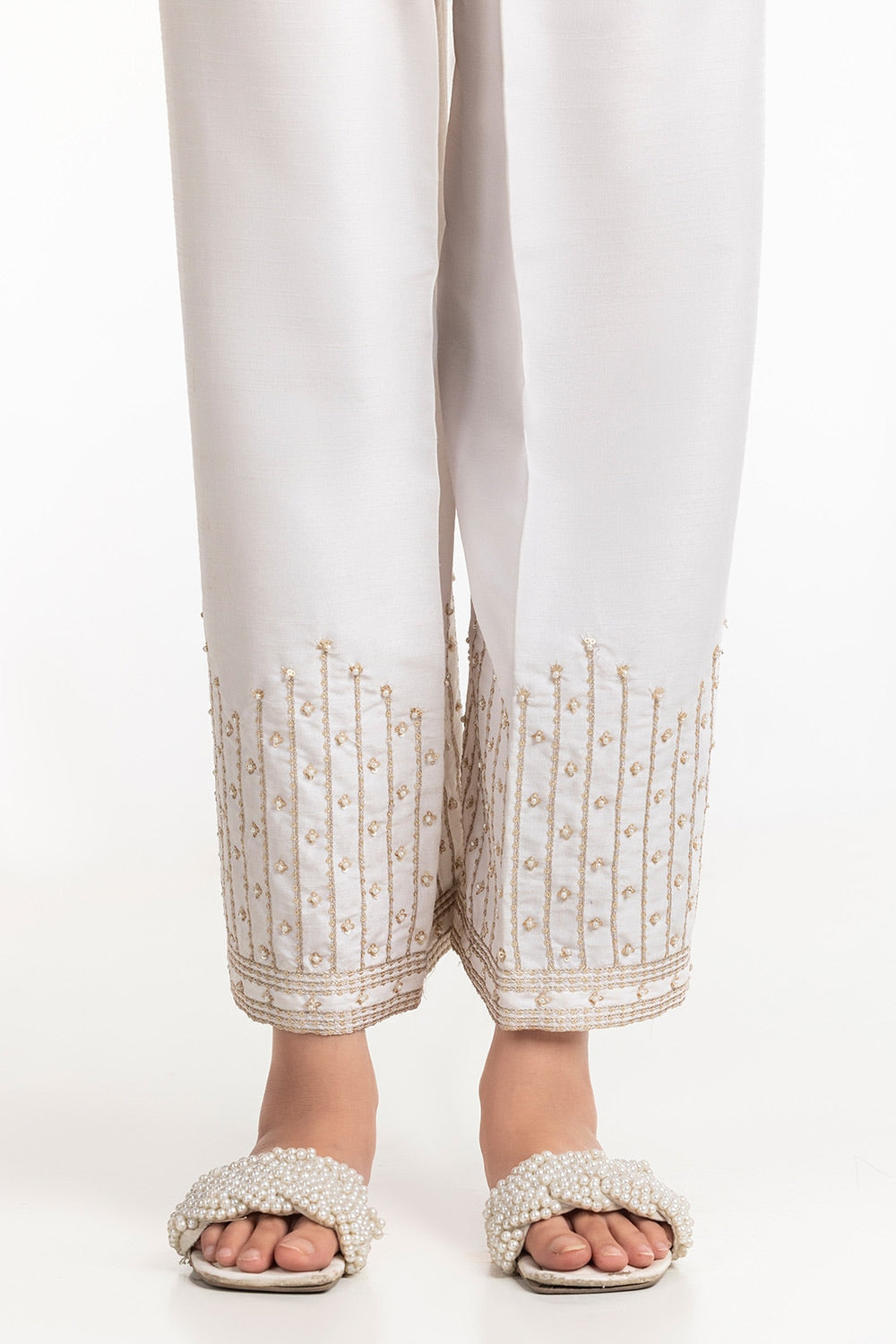 White Rawsilk Embroidered Trouser - W-AP-24-401896