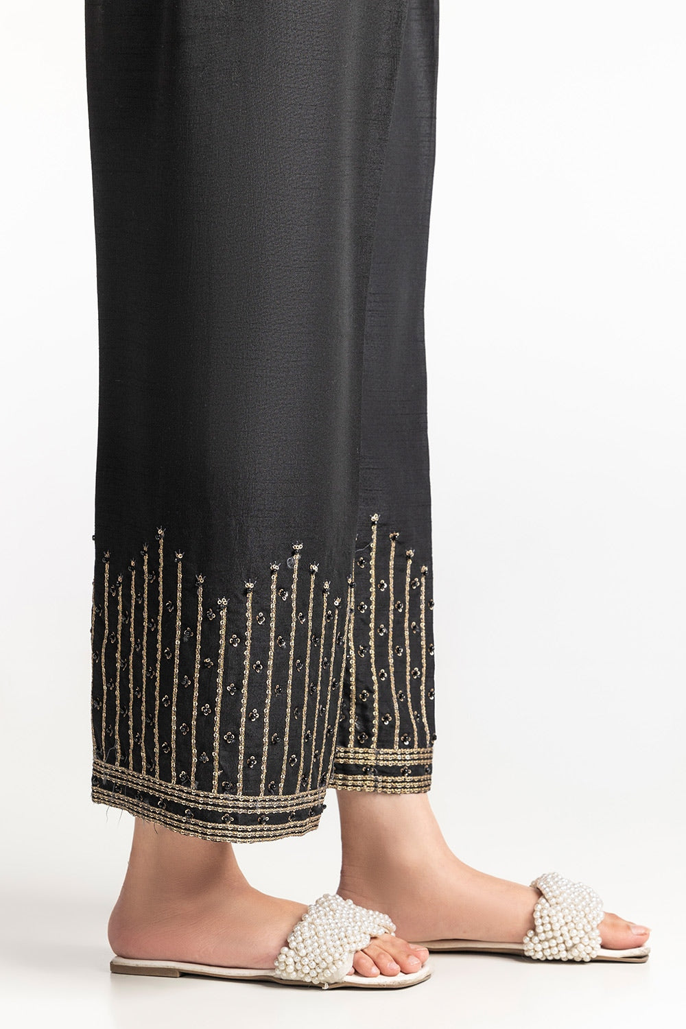 Black Rawsilk Embroidered Trouser - W-AP-24-401872