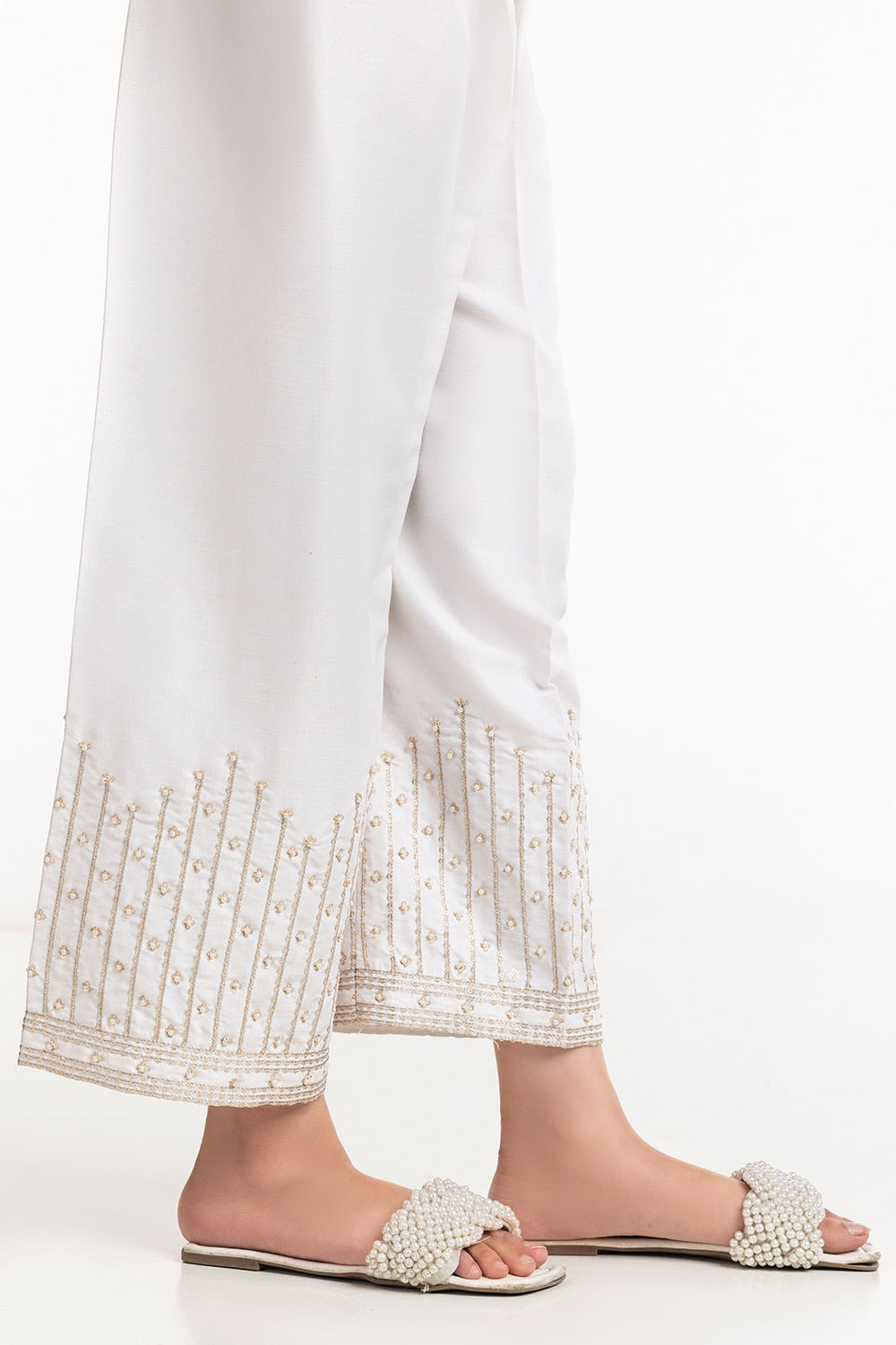 White Rawsilk Embroidered Trouser - W-AP-24-401896