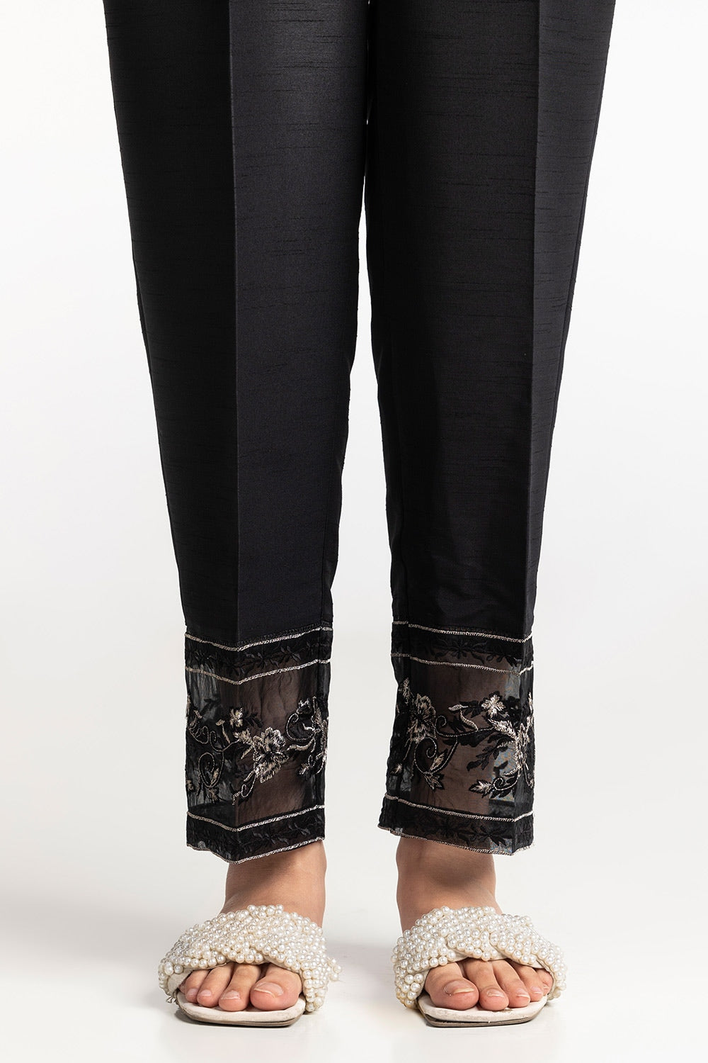 Black Rawsilk Embroidered Trouser - W-AP-24-401884