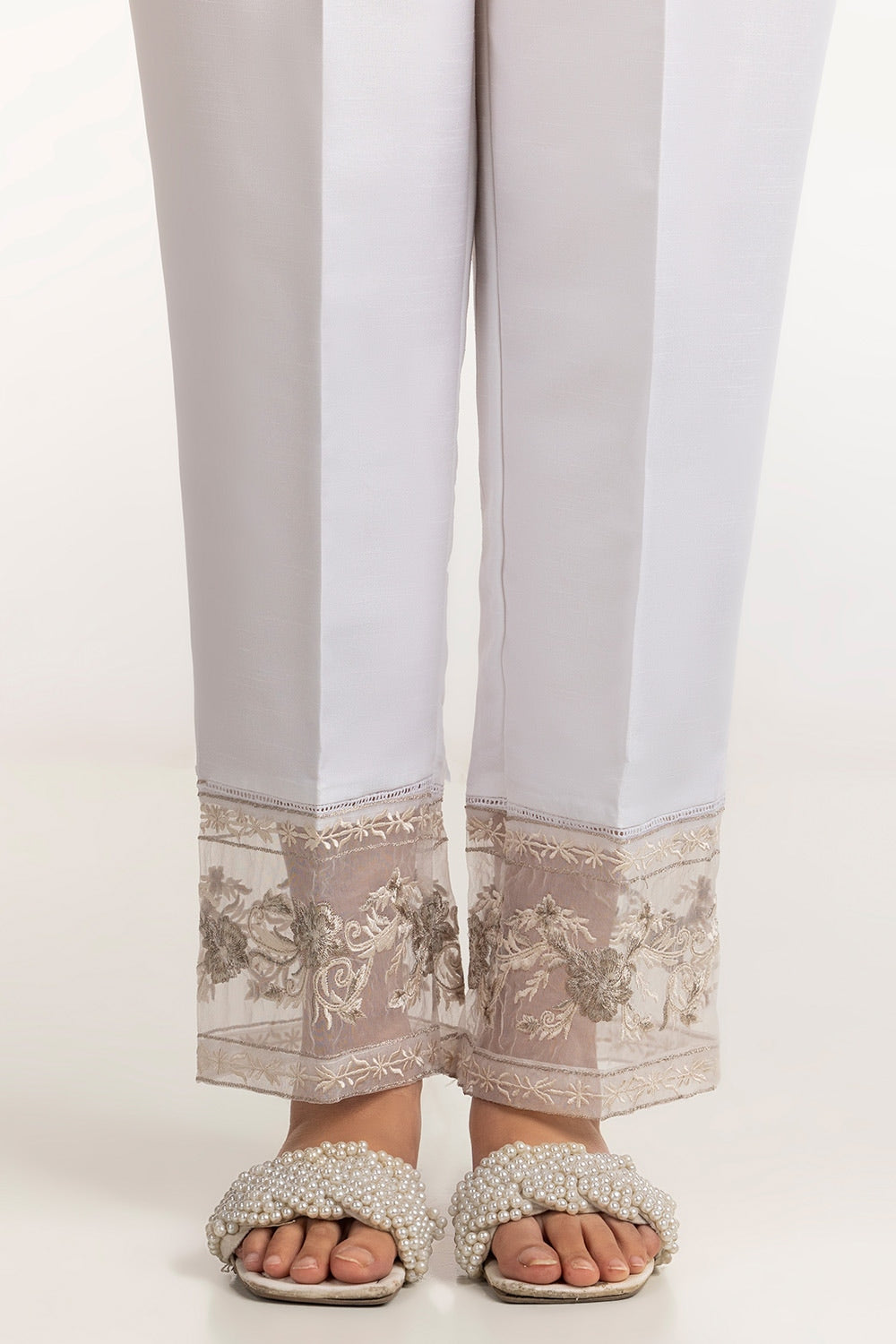 White Rawsilk Embroidered Trouser - W-AP-24-401908