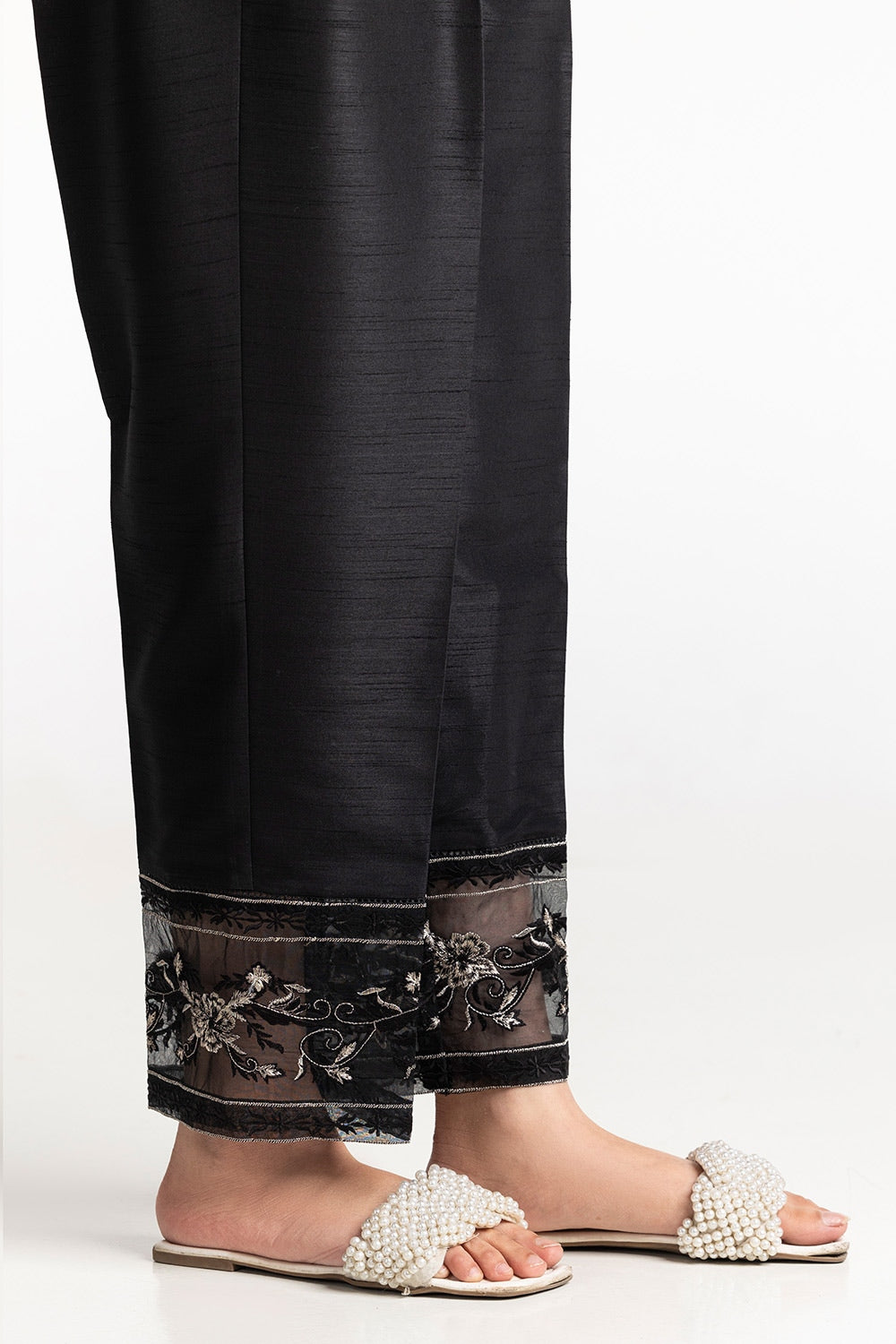 Black Rawsilk Embroidered Trouser - W-AP-24-401884