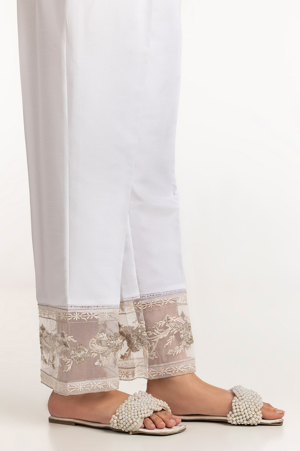 White Rawsilk Embroidered Trouser - W-AP-24-401908