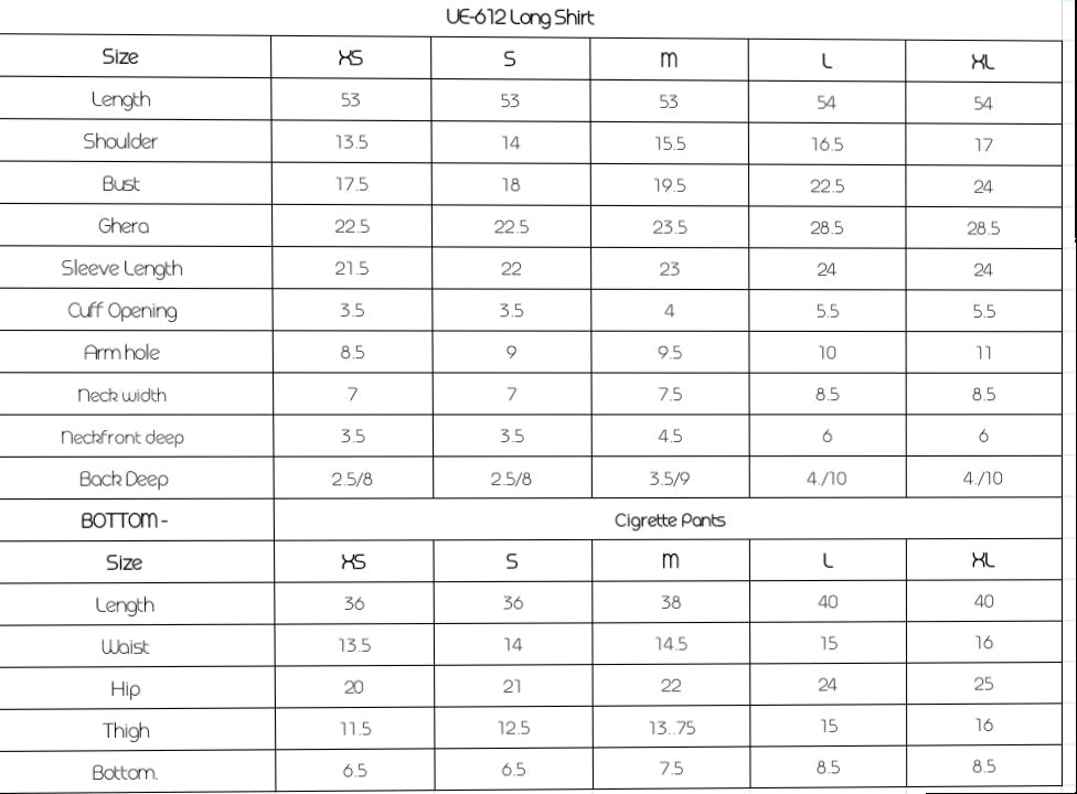 Size Chart (inches)