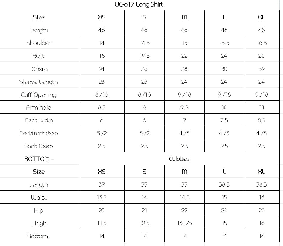 Size Chart (inches)