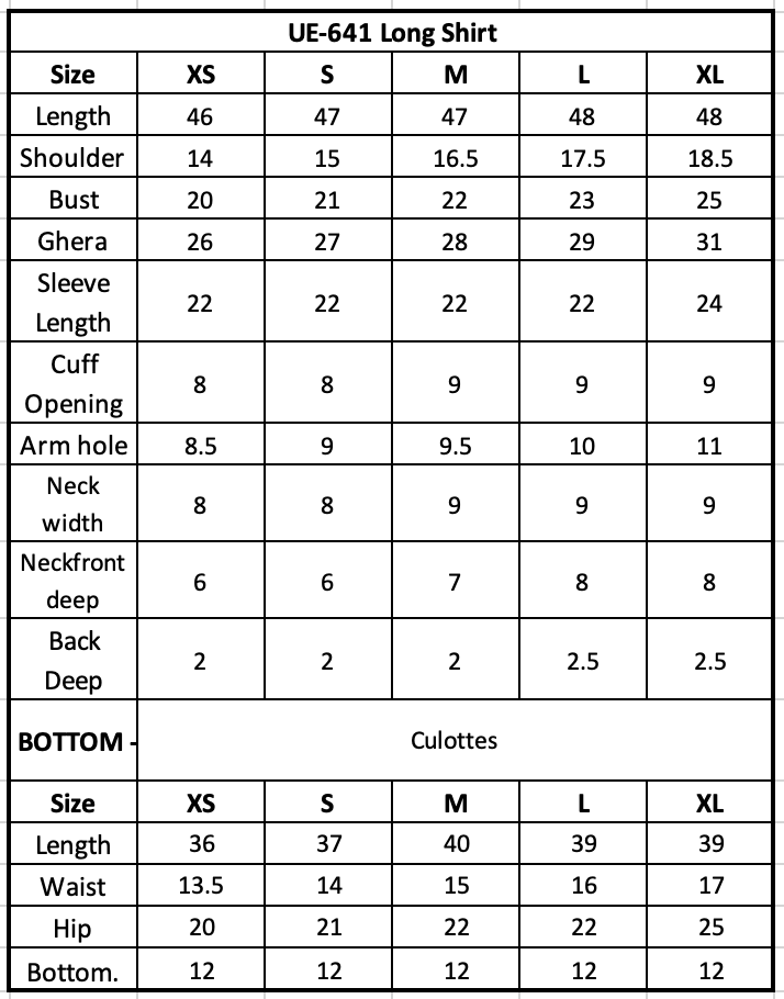 Size Chart (inches)