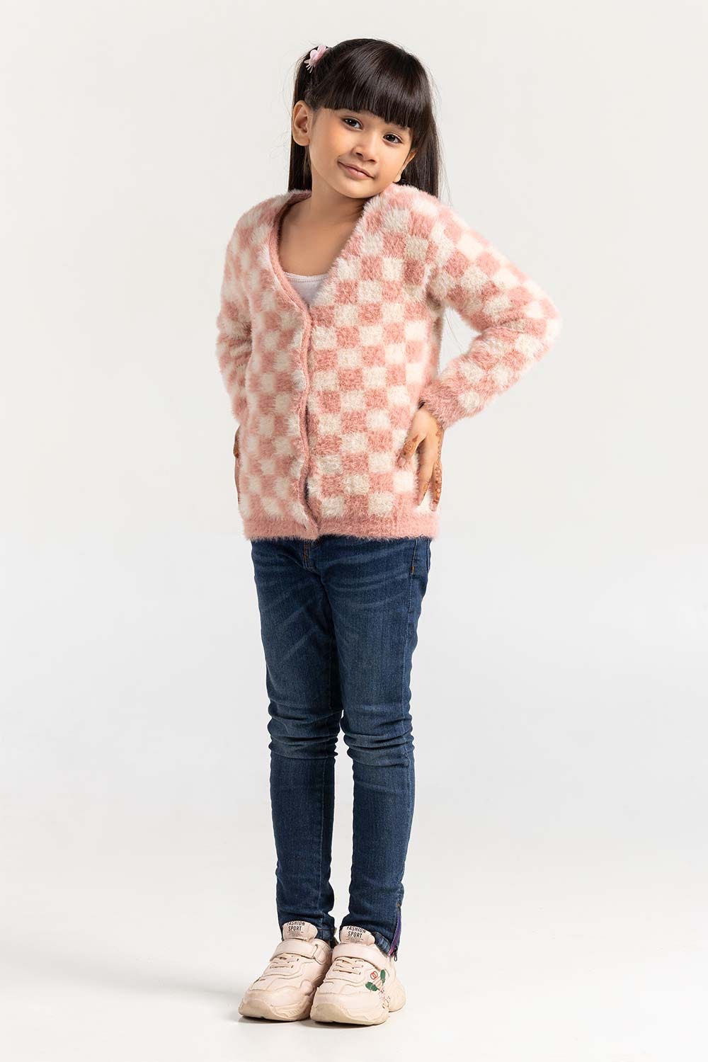 Pink-Off-White Feather Yarn Button Down Sweater Swk-Fw21-105