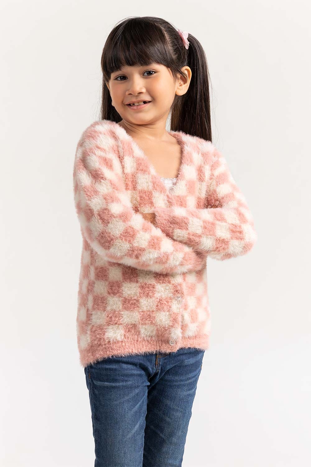 Pink-Off-White Feather Yarn Button Down Sweater Swk-Fw21-105