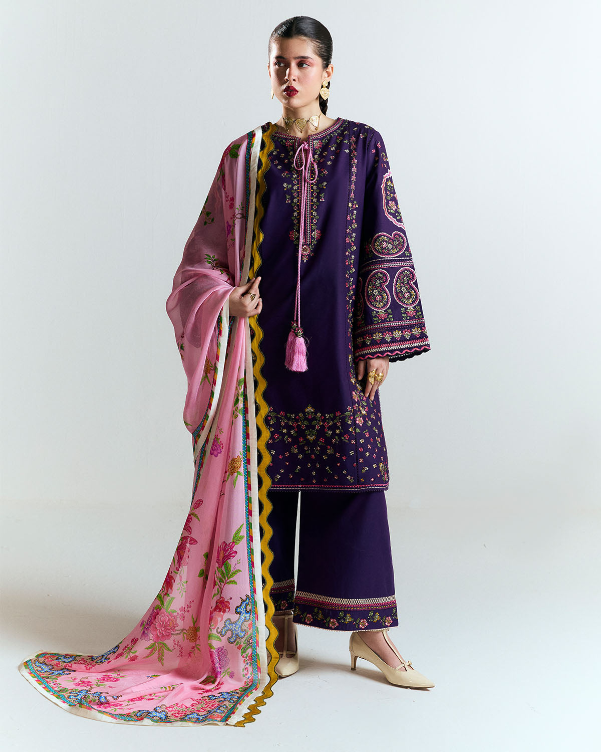 3 Piece Embroidered Twill Linen Suit