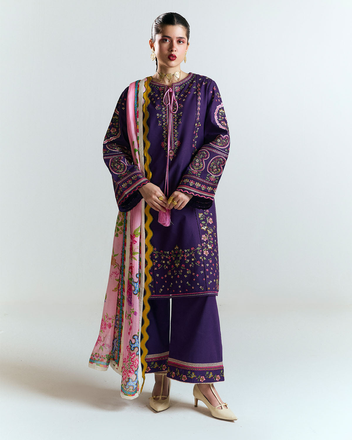 3 Piece Embroidered Twill Linen Suit