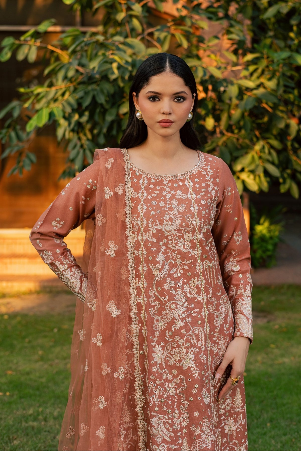 Peach Rhea 3Pc - Embroidered Karandi Pret