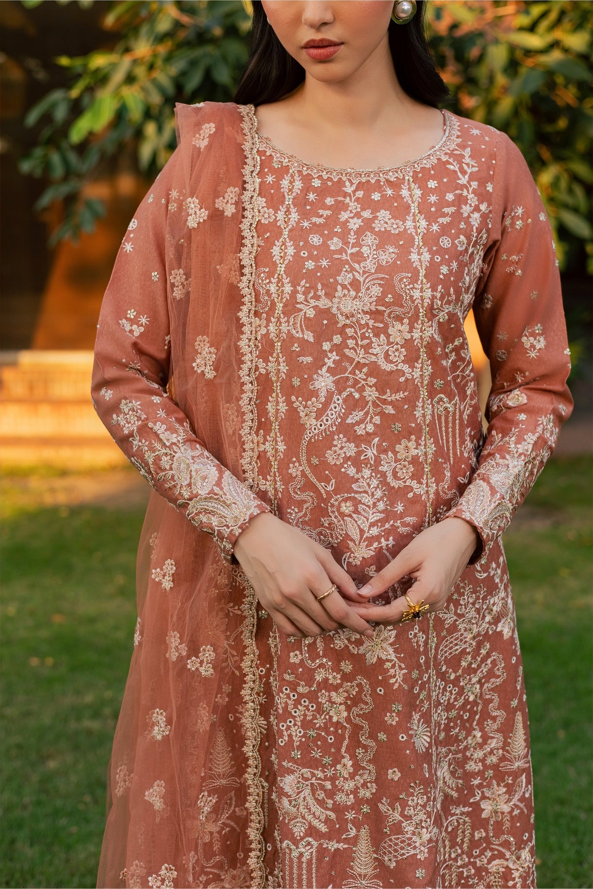 Peach Rhea 3Pc - Embroidered Karandi Pret
