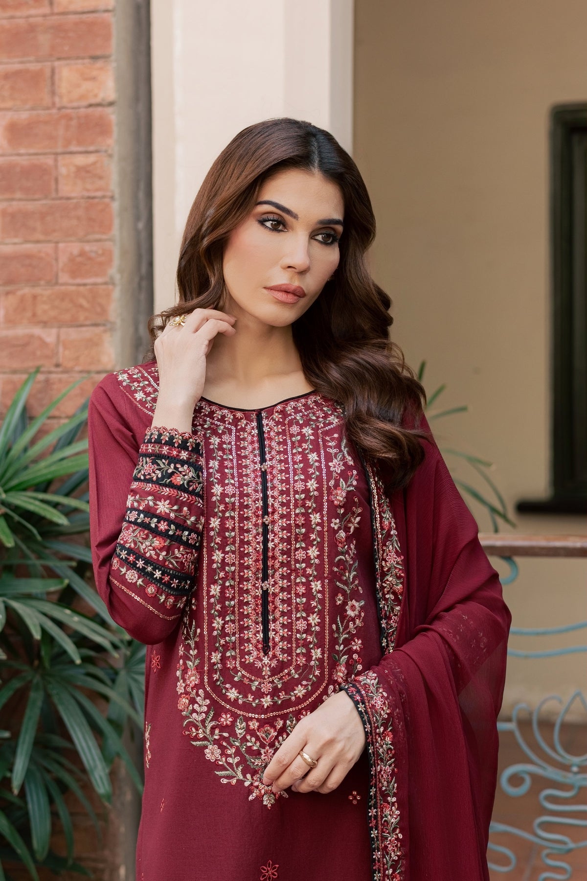 Maroon Nihal 3Pc - Embroidered Khaddar Pret