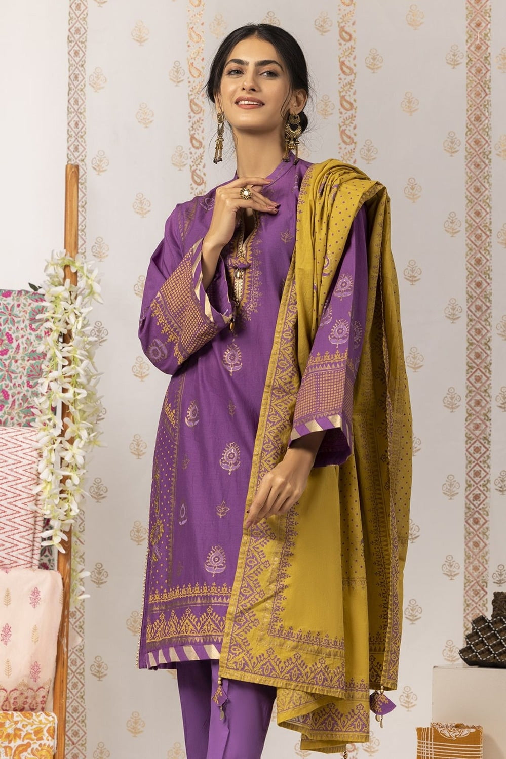 Nayaab Block Printed Shirt and Dyed Trouser with Block Printed Dupatta