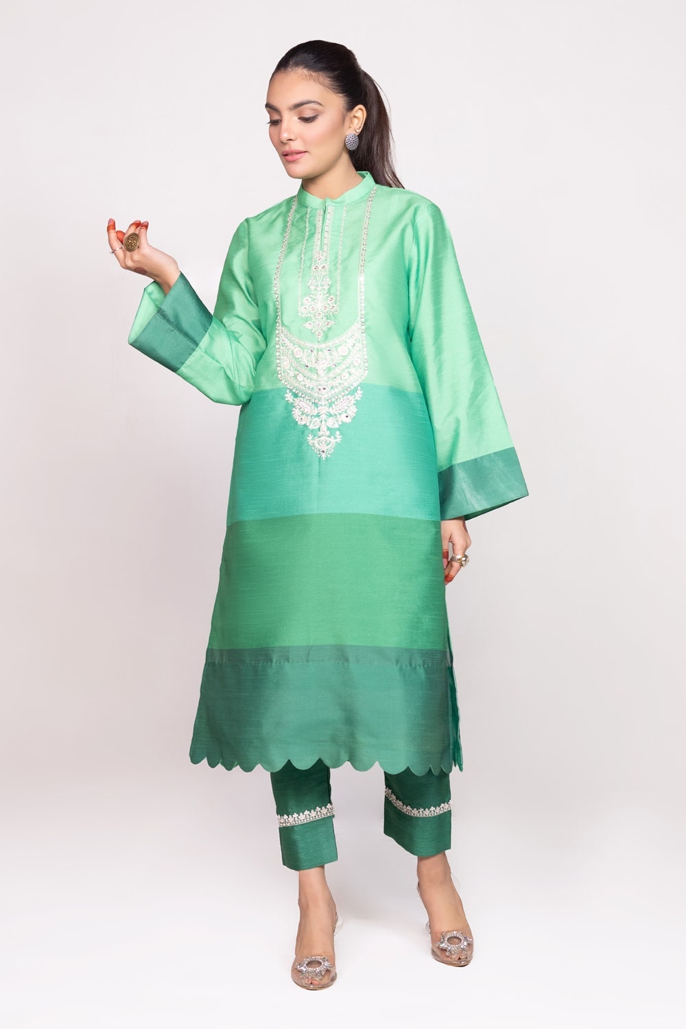 Needle Craft raw-silk Printed Embroidered Shirt