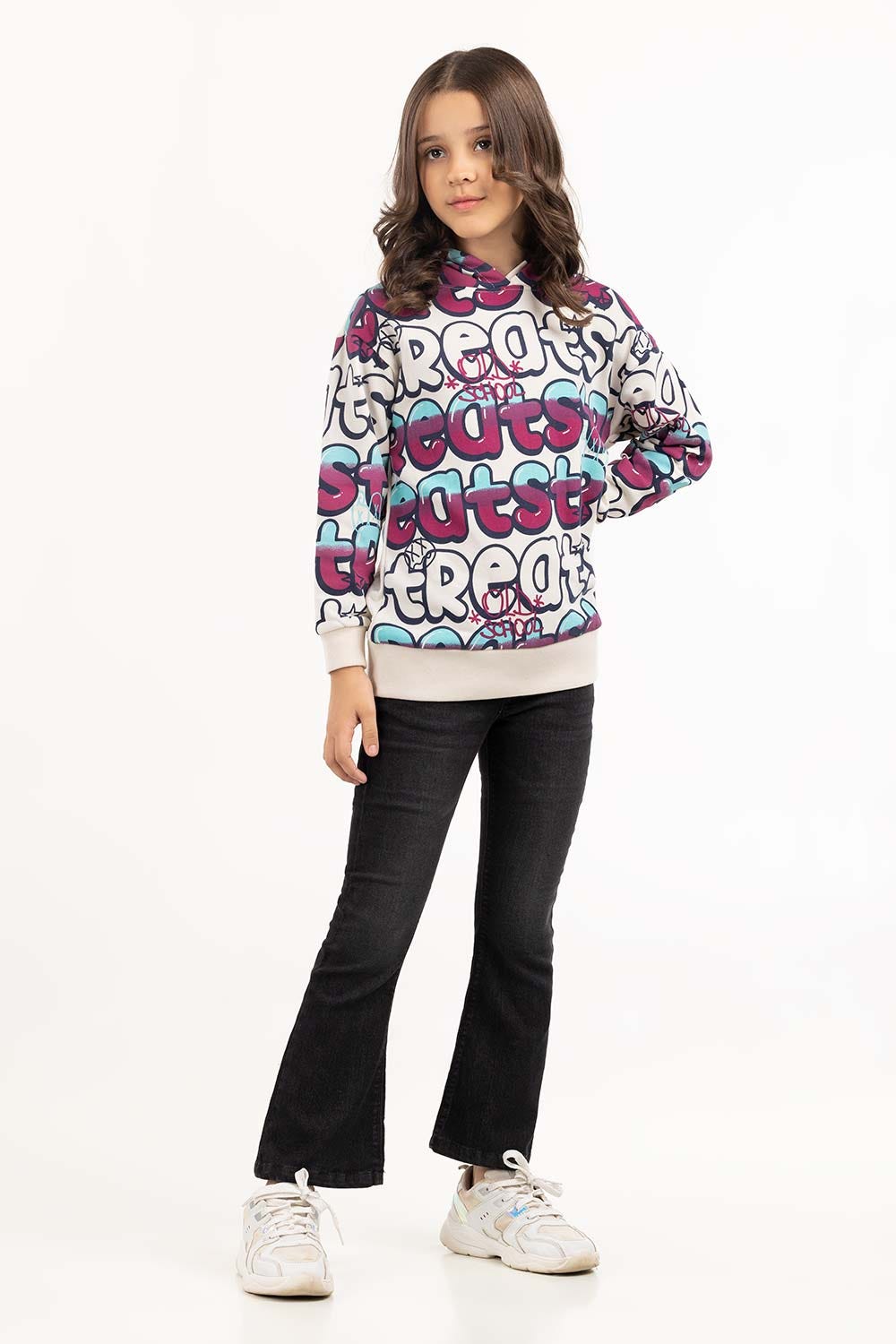 Junior Girl White Printed Hoodie