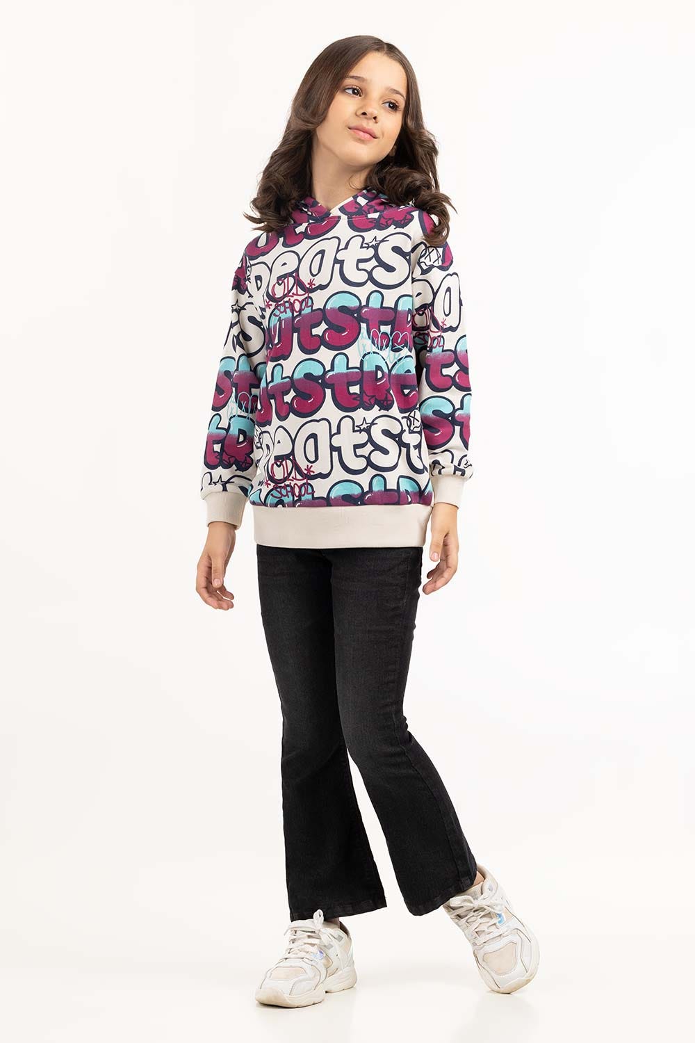 Junior Girl White Printed Hoodie