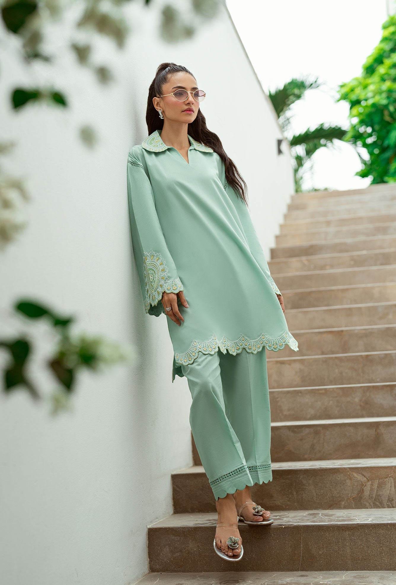 SS25DC-2569 MINT GREEN 2PCS EMBROIDERED KURTA WITH TROUSER