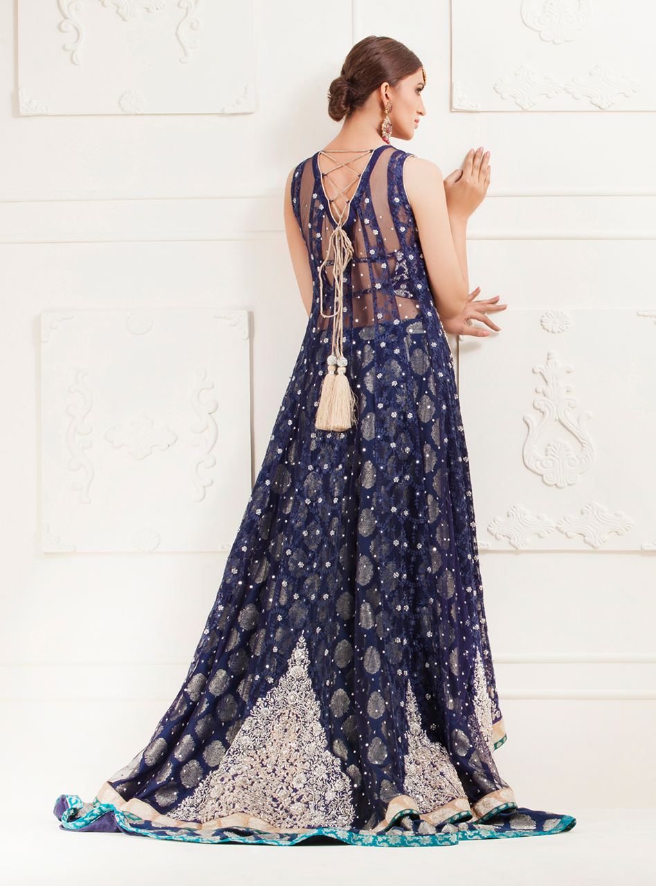 Navy Blue Floral Paneled Net Dress