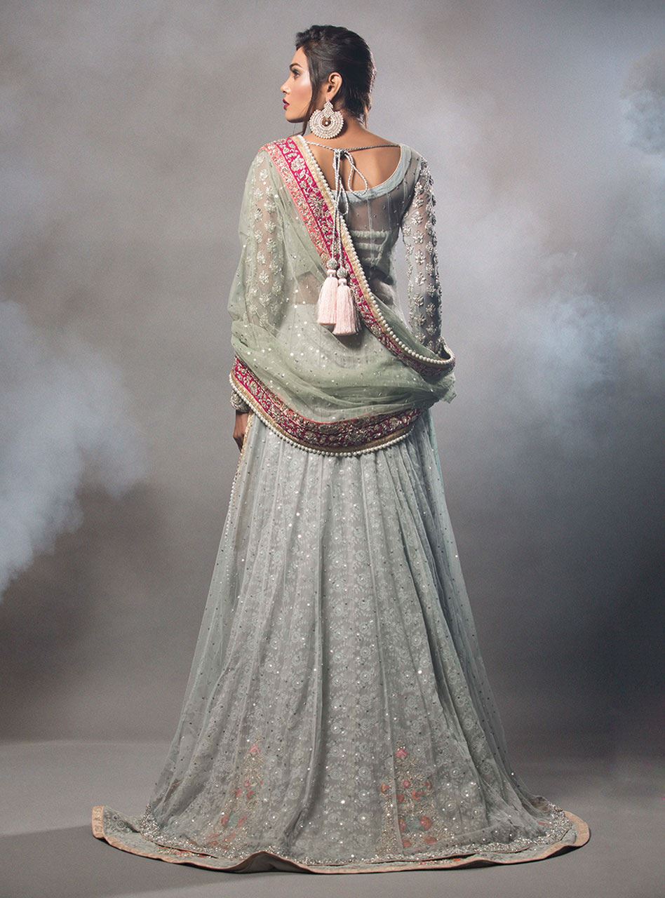 Ash Grey Short Angarkha With Mint Dupatta