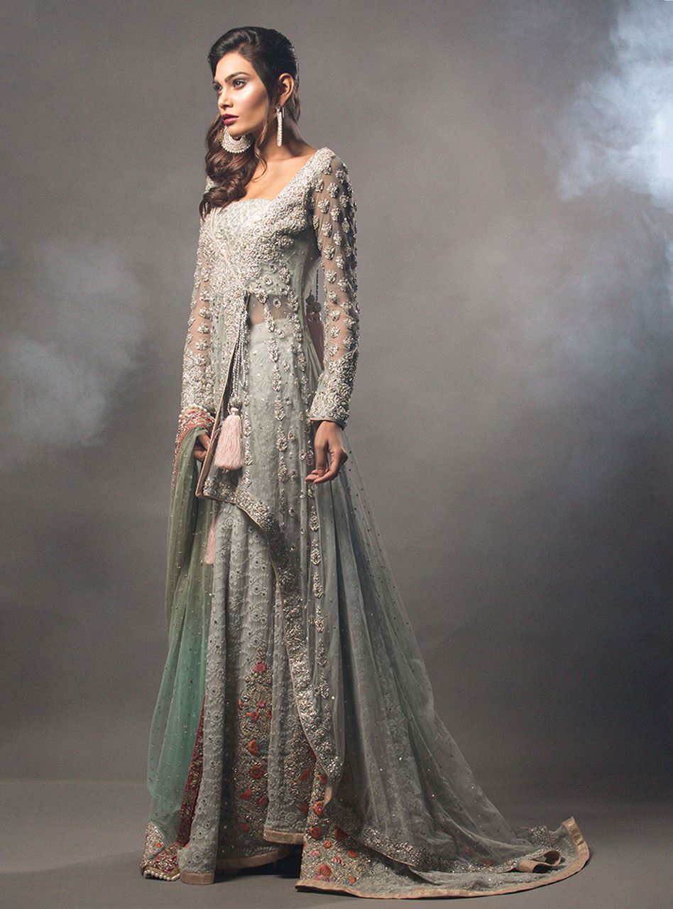 Ash Grey Short Angarkha With Mint Dupatta