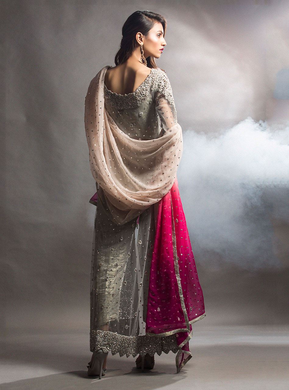 Grey Dress With Gradient Pink Dupatta