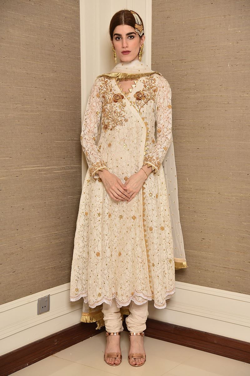 White Attire Angarkha and Dupatta With Pants