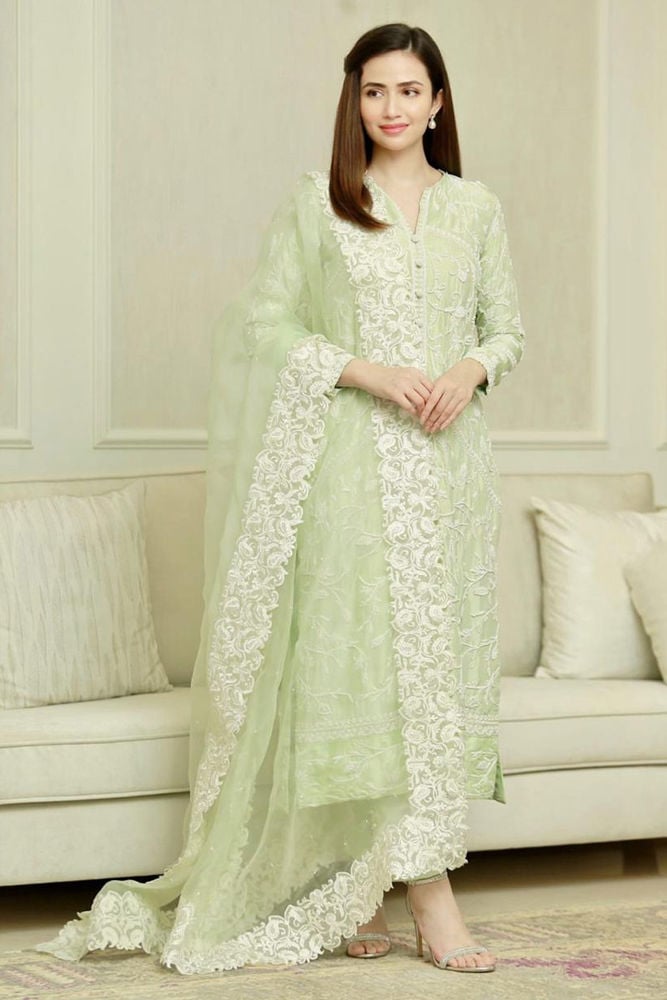 Green Bouquet Shirt and Dupatta With Pants
