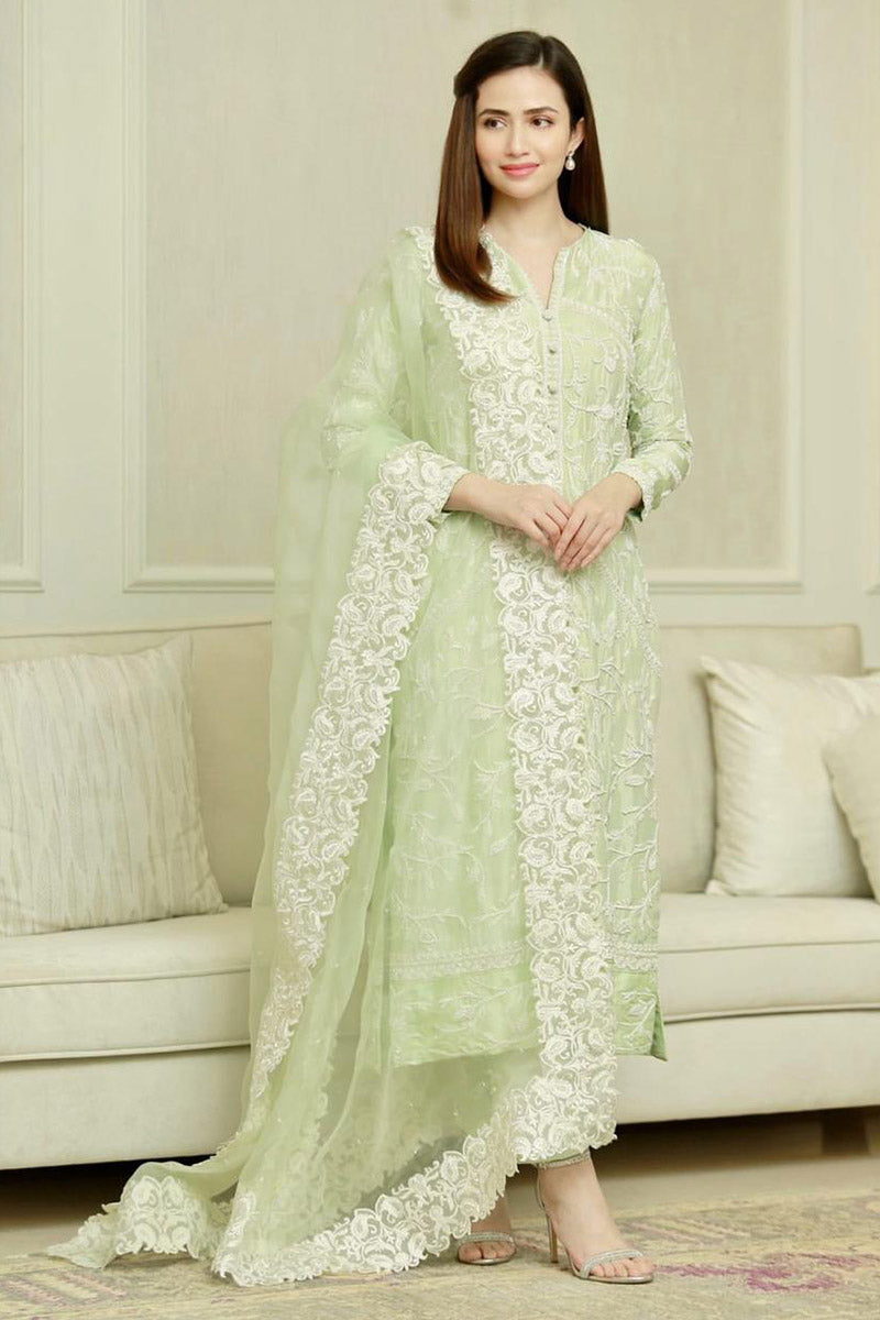 Green Bouquet Shirt and Dupatta With Pants