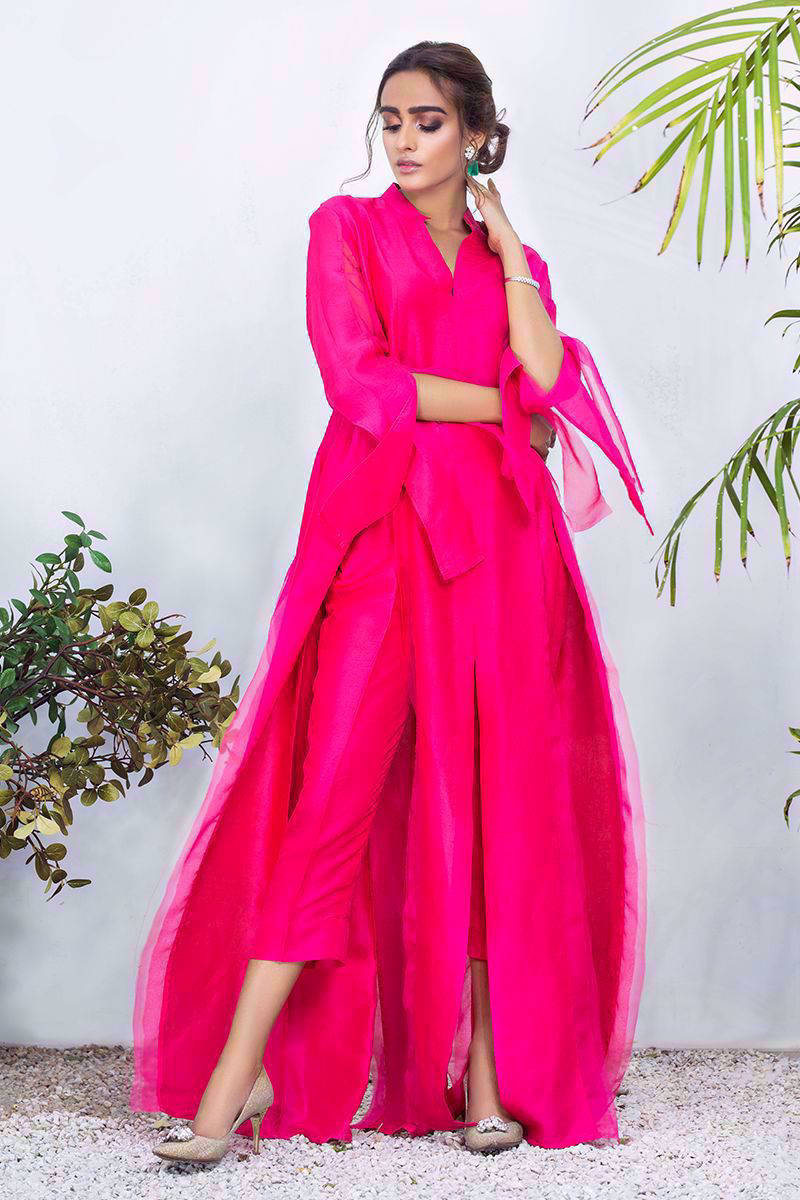 Silk slit gown with pants