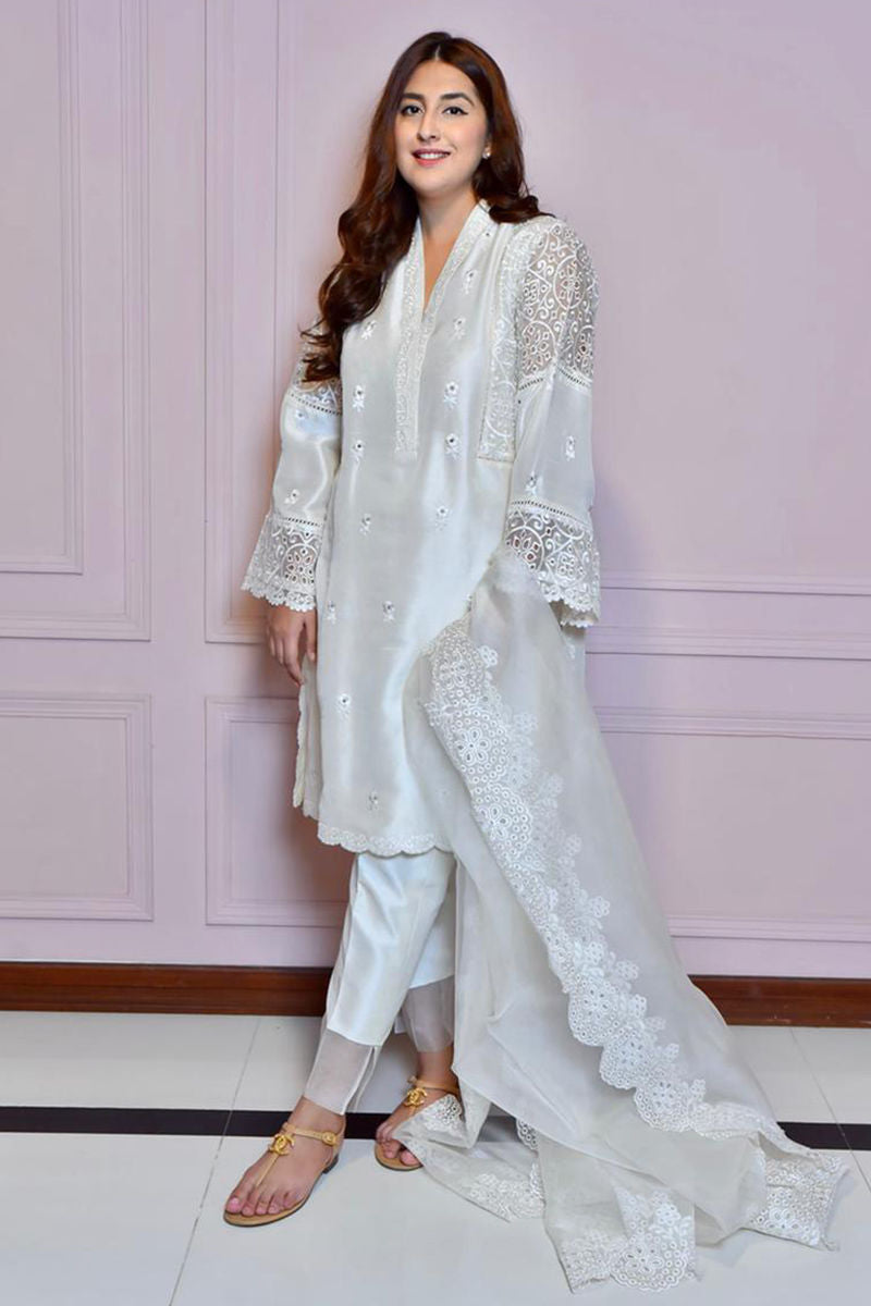 White Carnation Shirt and Dupatta With Pants