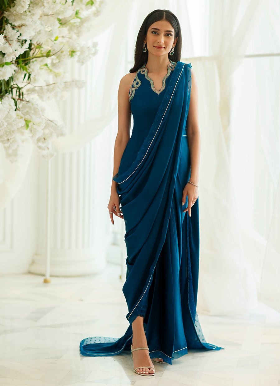 Aztec Blue Saree with Pants