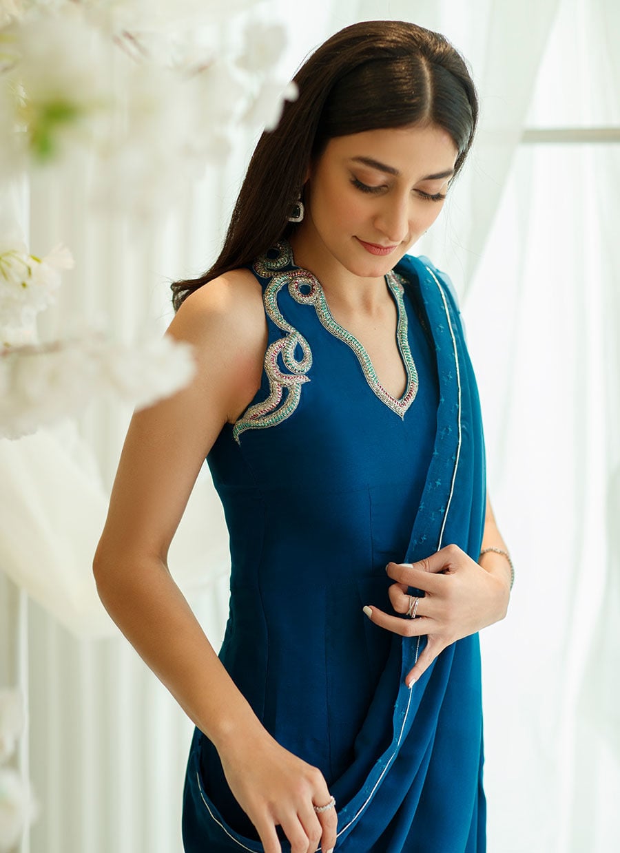 Aztec Blue Saree with Pants