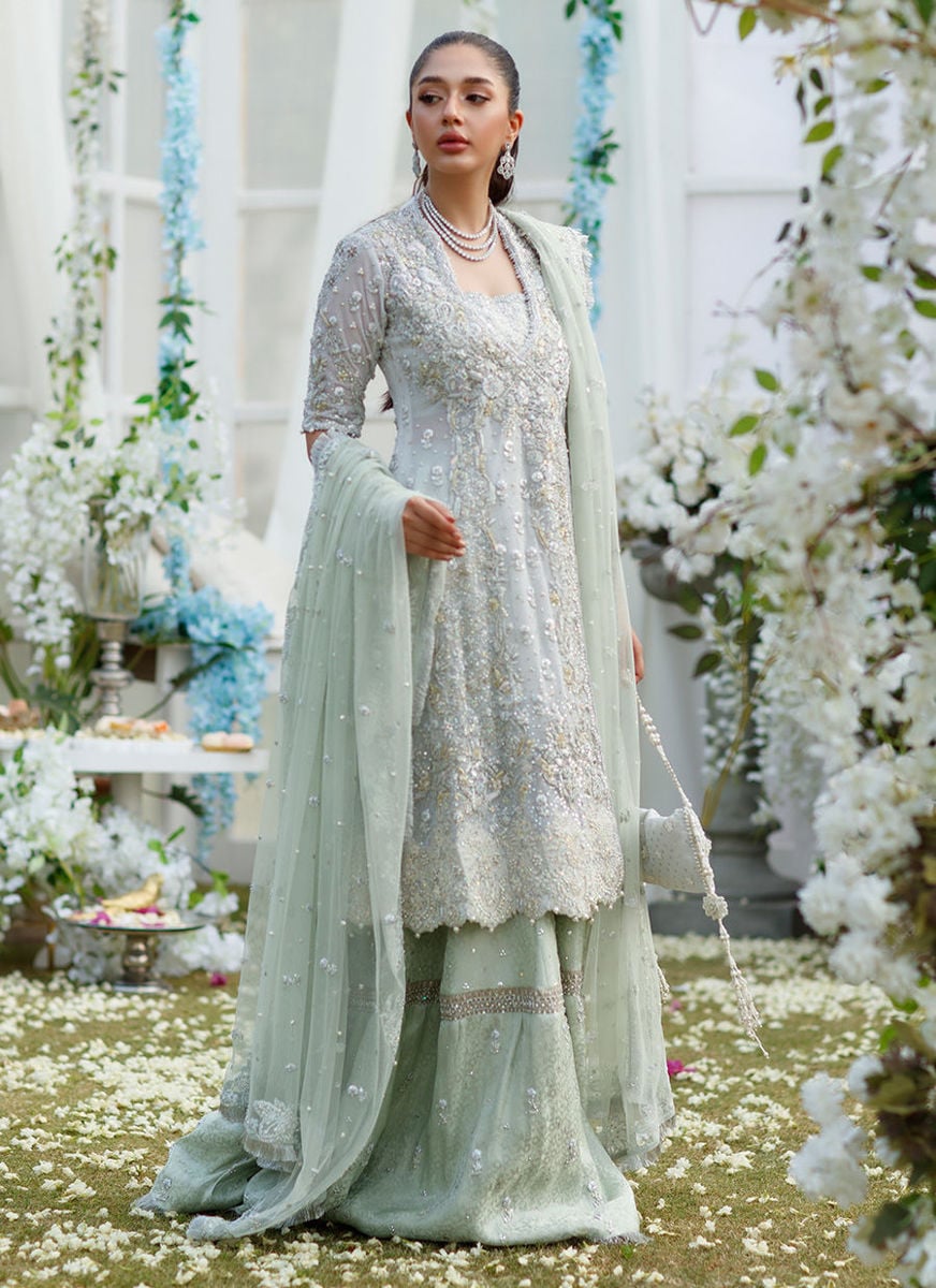 Sophia Silver-Mint Angharkha On Banarsi Gharara