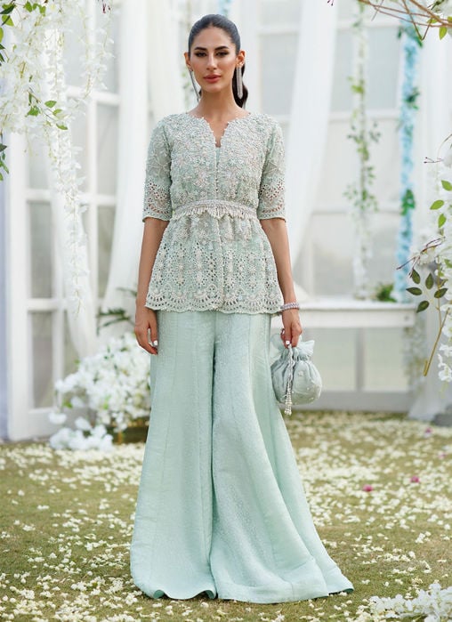 Sophia Silver-Mint Angharkha On Banarsi Gharara
