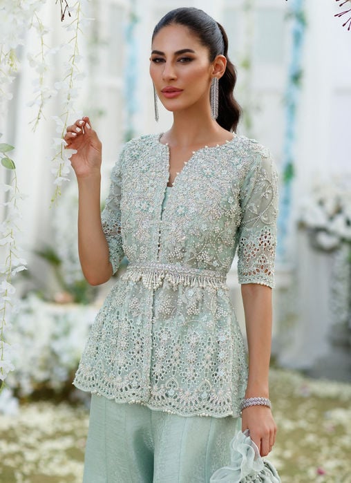 Sophia Silver-Mint Angharkha On Banarsi Gharara