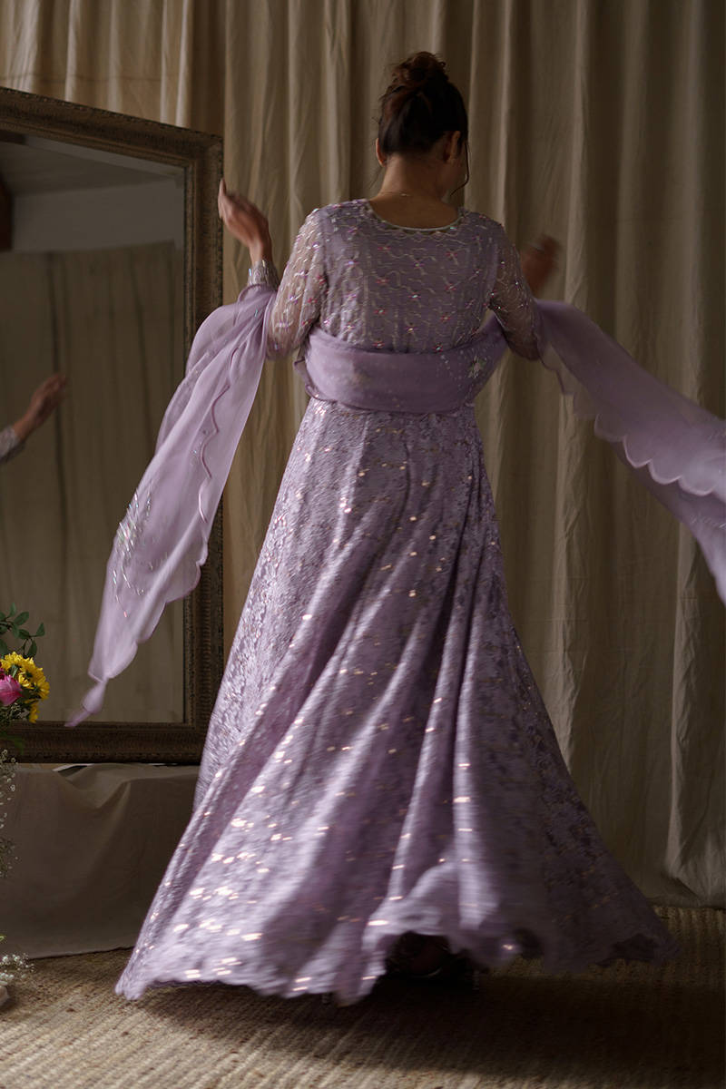 Lilac Lace Pishwas With Dupatta