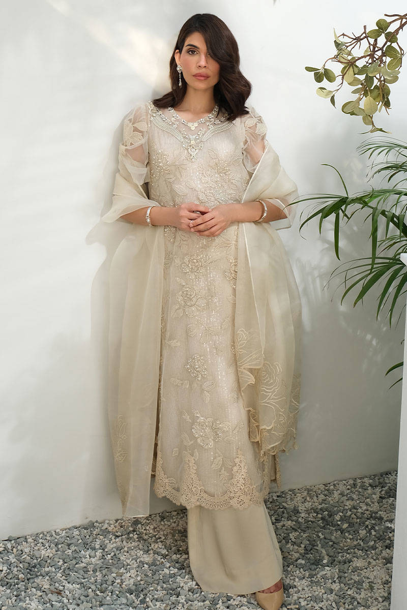 Cream Rose Net With Pants And Dupatta