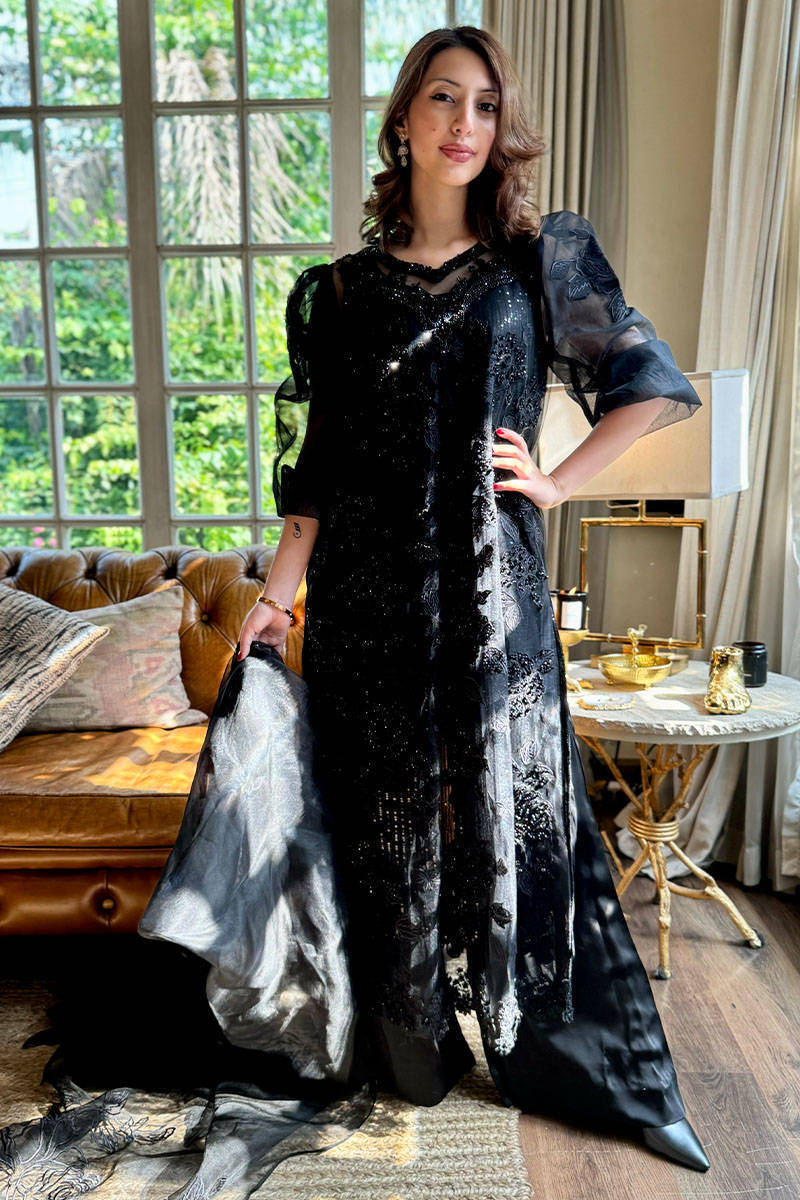 Cream Rose Net Tea Black with Pants and Dupatta