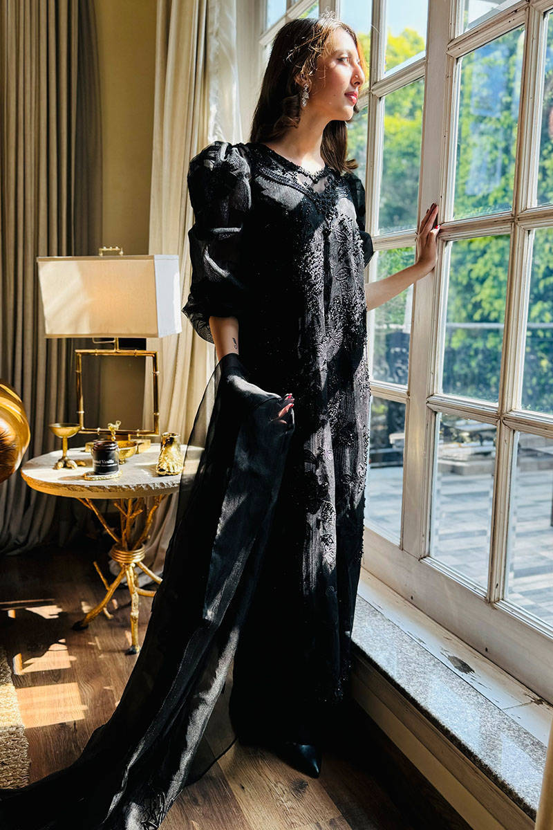 Cream Rose Net Tea Black with Pants and Dupatta