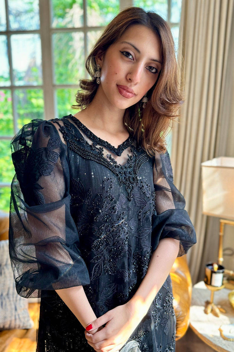 Cream Rose Net Tea Black with Pants and Dupatta