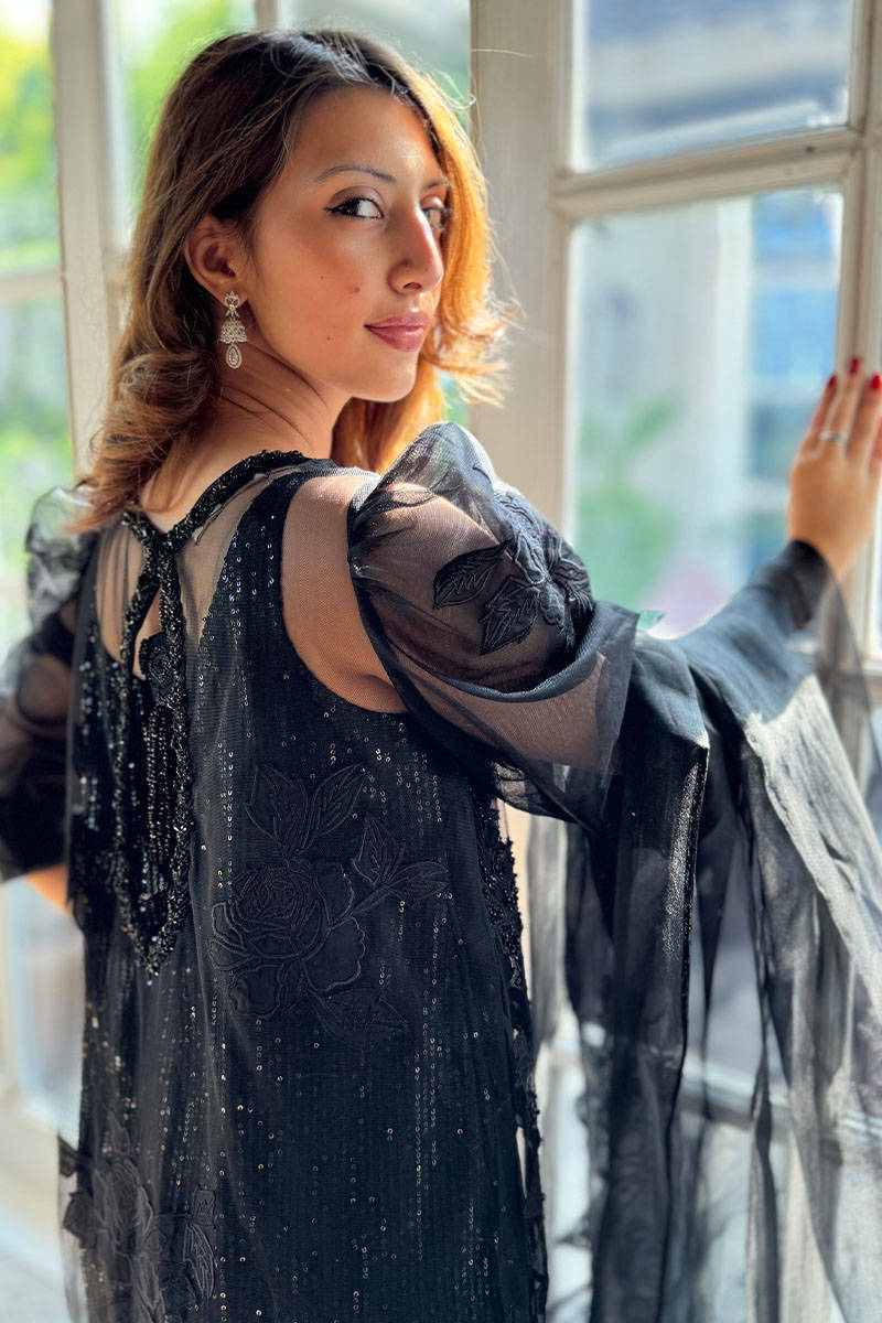 Cream Rose Net Tea Black with Pants and Dupatta