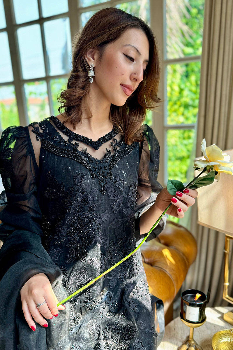 Cream Rose Net Tea Black with Pants and Dupatta