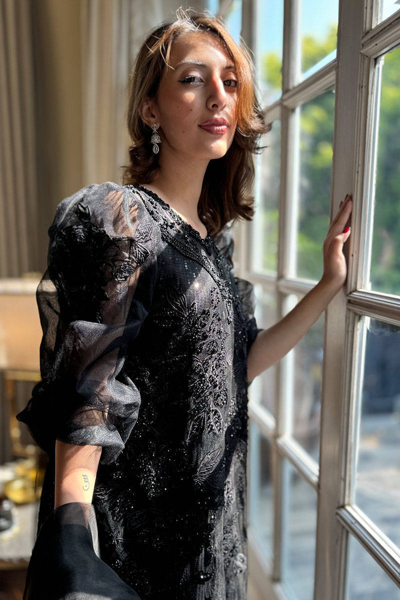 Cream Rose Net Tea Black with Pants and Dupatta