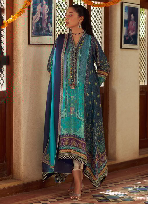 Iraan Navy Printed Crepe Silk Kurta With Silk Ombre Dupatta