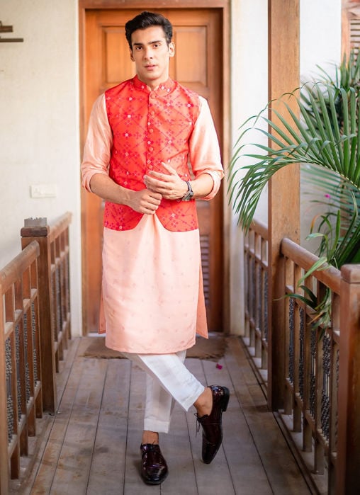 Creme Schiffli Kurta And Pajama - Peacock WaistCoat