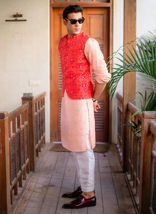 Creme Schiffli Kurta And Pajama - Peacock WaistCoat