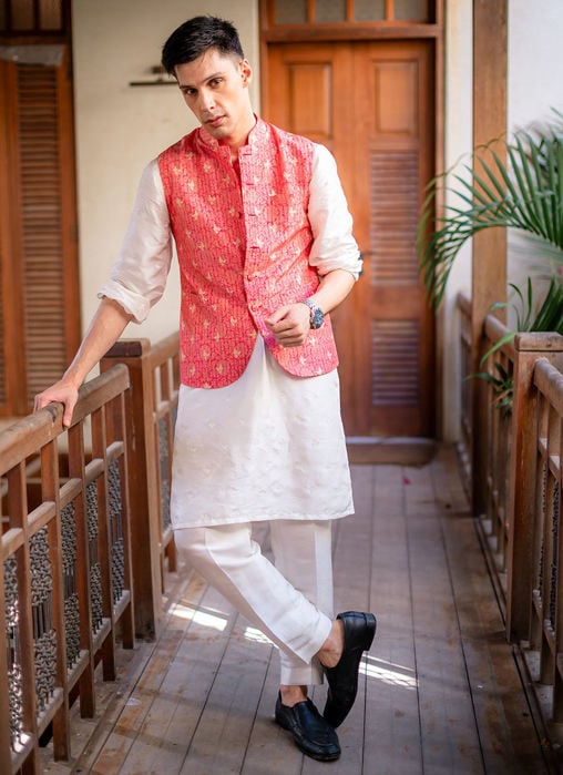 Creme Schiffli Kurta And Pajama - Peacock WaistCoat