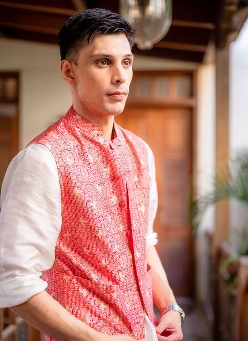 Creme Schiffli Kurta And Pajama - Peacock WaistCoat